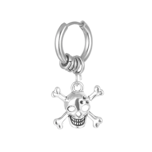Polished stainless steel hoop earring with punk skull and crossbones dangle charm