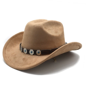Khaki faux suede fedora hat with turquoise studded leather band and western style brim
