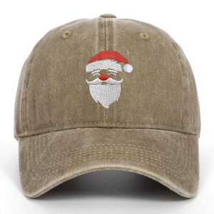 Close-up of Santa Claus embroidery on vintage washed khaki cotton baseball cap
