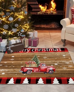 Christmas flannel absorbent mat with vintage red truck design in festive living room