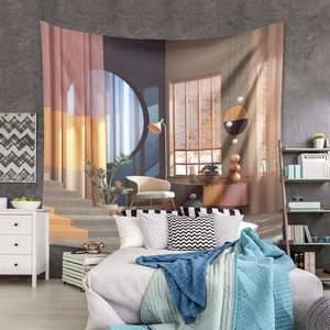 Modern abstract bohemian tapestry with staircase design for bedroom wall decor