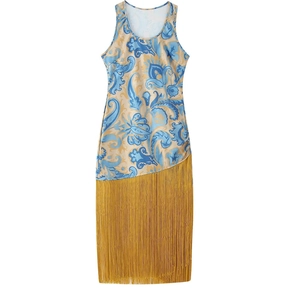 Sleeveless V Neck Paisley Print Knit Dress With Long Fringe Hem Patchwork Bohemian Style Elegant Women