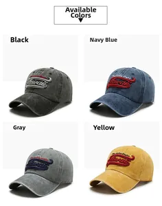 Close-up of Aloha State Hawaii 3D embroidery on washed cotton baseball caps in four colors