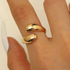 Polished golden wrap ring with double water drop design and adjustable open band