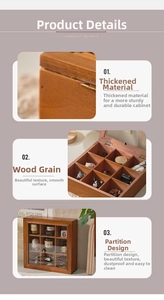 Detail view of walnut wood grid storage box with clear lid and metal hinge hardware