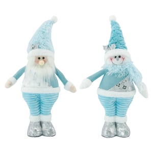 Standing Santa and Snowman plush dolls in light blue and silver for Christmas decor