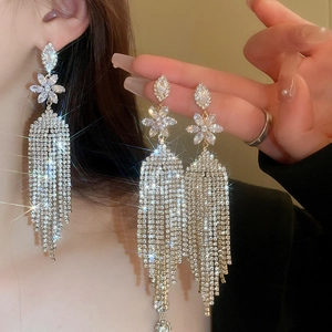 Luxury silver-tone tassel drop earrings featuring sparkling zircon flowers and fringe