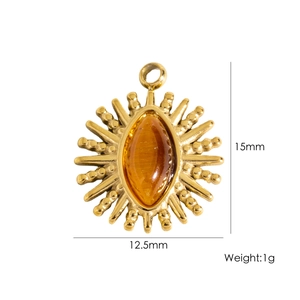 Detail view of golden sun pendant with tiger eye stone and precise size measurements