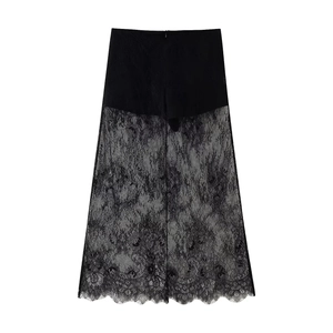 Detailed close-up of high-waisted black lace skirt showing sheer mesh and scalloped hem