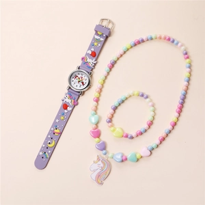 Kids unicorn watch set with purple silicone strap, matching bead necklace and bracelet