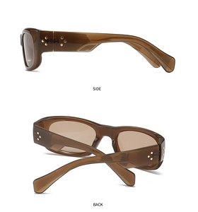 Detail of vintage brown sunglasses with side and back views showing gold star rivets
