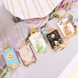 Vintage 18K gold plated copper tarot rectangle pendant necklaces with zircon inlay