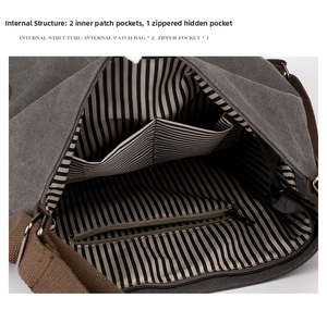 Interno dello zaino in tela con due tasche applicate e una tasca con cerniera