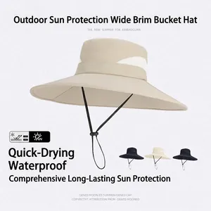 Outdoor Sun Hat Waterproof Quick Dry Polyester Wide Brim Breathable Mesh Bucket Hat With Chin Strap For Fishing Hiking