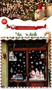 Close-up of double-sided Santa and snowman stickers on a glass door for Christmas decor