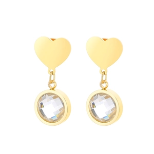 Minimalist gold heart earrings with clear faceted crystal charms on white background