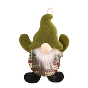 Christmas gnome ornament with green felt hat and red green plaid body on white background