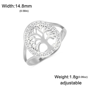 Detailed view of silver tree of life ring with crystal edge and adjustable open band