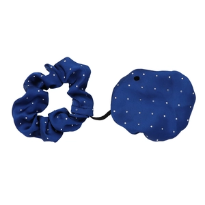 Blue sequin elastic drink cover scrunchie set with shimmering rhinestones on white background