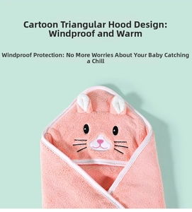 Detail of pink coral fleece baby hooded towel with cute animal embroidery and 3D ears
