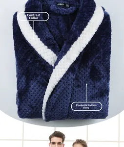 Detail of navy blue pineapple grid flannel bathrobe with contrasting white collar