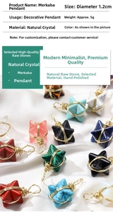Macro shot of 1.2cm natural crystal Merkaba pendants with gold wire wrapping details