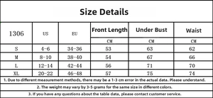 Detailed size chart for lace slip dress showing measurements for S, M, L, XL sizes