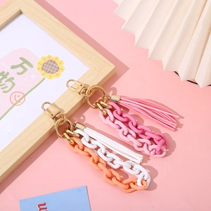 Chic acrylic chain bracelet keychain with colorful tassels and gold metal clasps for bags