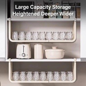 Expandable under-cabinet hanging storage basket in cream metal for kitchen organization