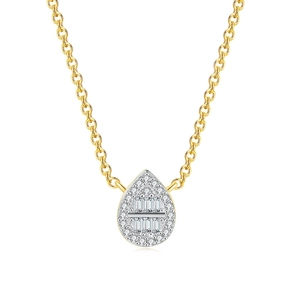 Detailed macro view of a teardrop-shaped zircon pendant on a gold cross-chain necklace