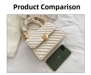 Close-up of quilted cream handbag with heart lock and smartphone for size reference