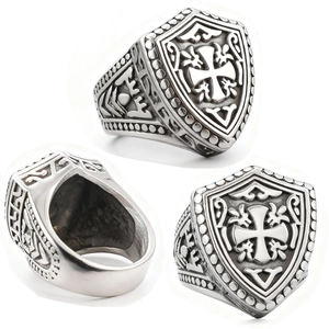 Vintage Shield Signet Ring Stainless Steel Cross Engraved Retro Totem Gothic Punk Jewelry For Men