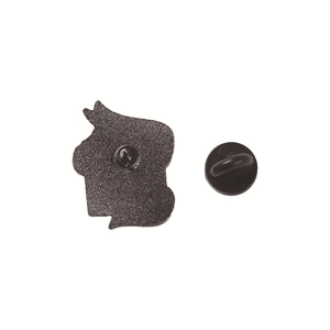 Detail view of the black metal pin back and matching rubber clutch back fastener