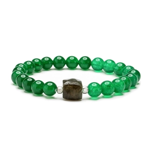 Green natural stone beaded bracelet with a brown square agate centerpiece on white background