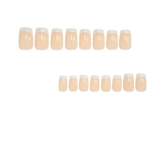 Classic white French press-on nails with silver glitter on nude base square shape