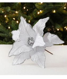 Detailed view of a 26cm white velvet artificial poinsettia with silver glitter petal edges
