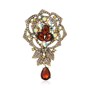 Vintage Rose Flower Pendant Brooch Pin Alloy Rhinestone Crystal Elegant Corsage For Women Fashion Jewelry