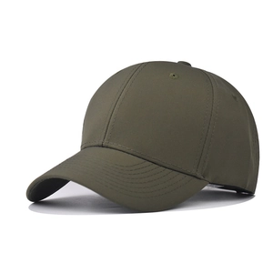 Detail view of army green 6-panel baseball cap showing curved brim and stitching