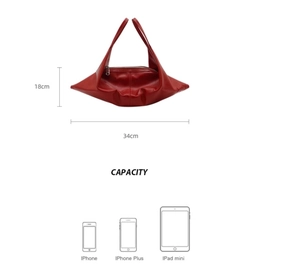 Detailed size and capacity chart for red oil wax leather handbag showing 34cm width