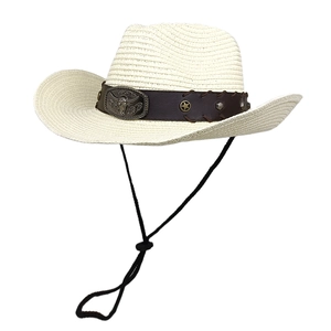 White woven western cowboy hat with vintage bull head buckle and adjustable chin strap