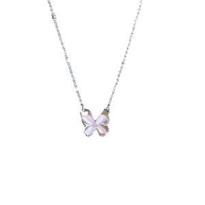 Elegant strawberry crystal butterfly pendant necklace with silver chain on white background