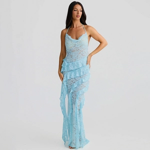 Detailed view of layered ruffles and sky blue lace fabric on a stylish maxi dress