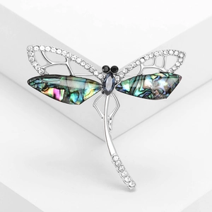 Creative dragonfly brooch with abalone shell wings and sparkling crystal rhinestones