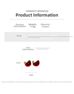 Detail showing dimensions of wide C-shaped gold plated earrings with dark red enamel