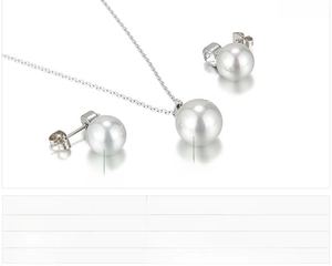 Detail view of pearl pendant necklace and earrings set with shell rhinestones in steel