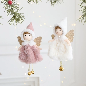 Pink and white plush angel ornaments with gold sequins and bells for Christmas tree decor