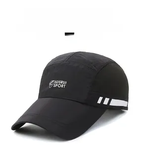 Detail of black breathable sports cap with SDSRUI SPORT embroidery and white stripes
