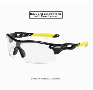 Close-up of black and yellow cycling glasses with clear anti-impact sports lenses