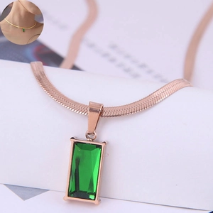 Elegant rose gold snake chain necklace with rectangular green gemstone pendant for women