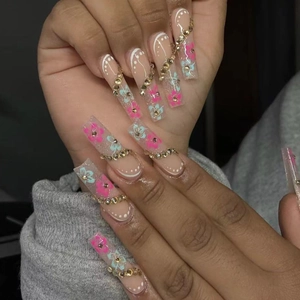 Long Coffin Press On Nails With Flower Designs And Rhinestone Gold Chain Accents Pink Blue Glossy Artificial Nail Tips